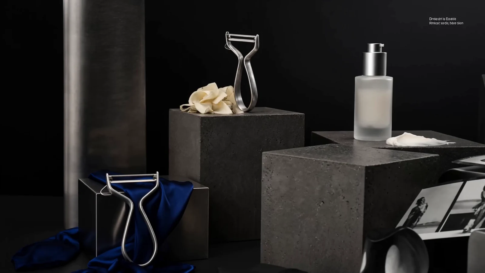 The LAMB site hero: a cinematic product film frame on a near-black studio set, with a chrome kitchen tool, pale skincare material and cobalt light.