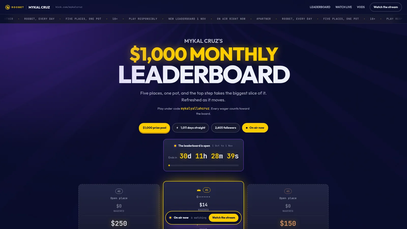 The Mykal Cruz leaderboard page: a dark violet hero carrying a gold $1,000 prize pool, a live countdown, and the top three places on the board.