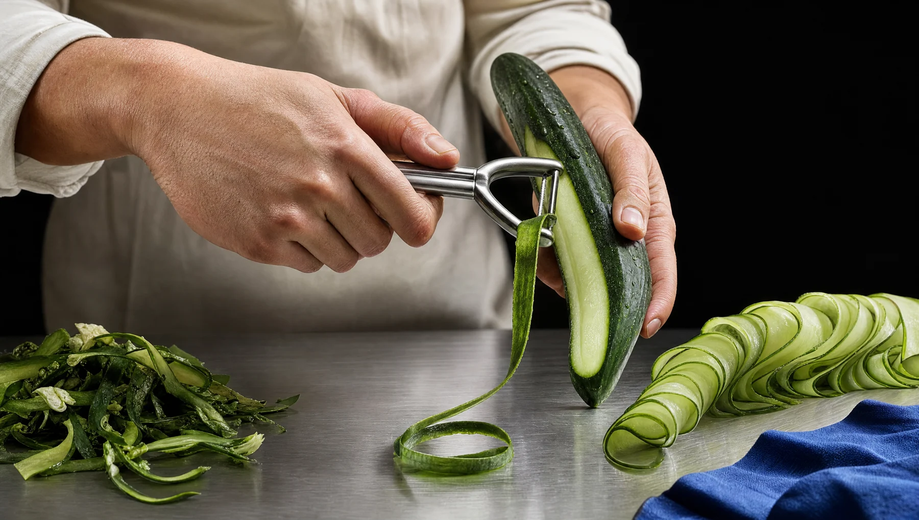 Unbranded steel vegetable peeler making clean cucumber ribbons on a brushed metal worktop.