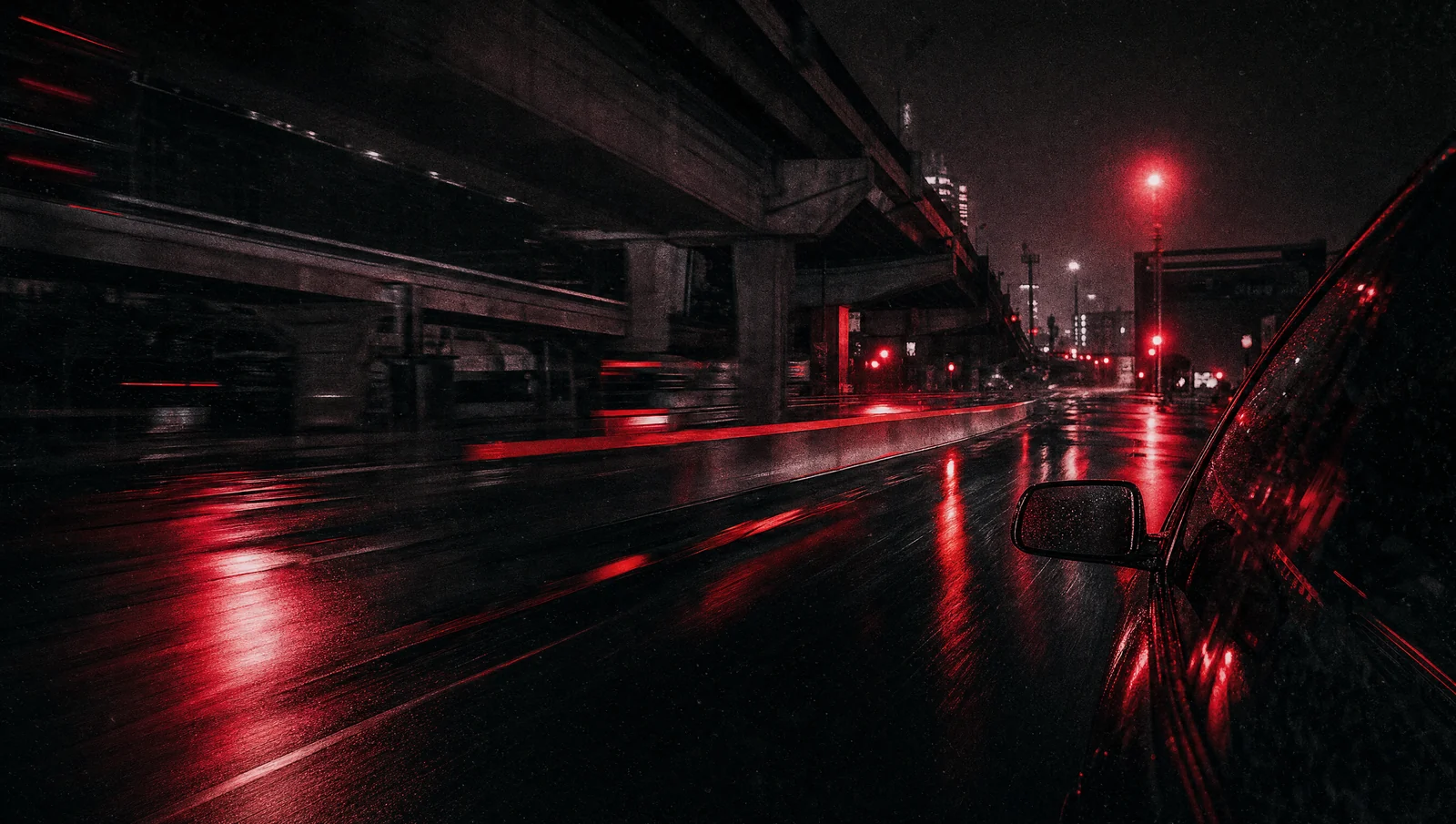 Rain, concrete, and red light from a moving car. Built for late-night and after-hours.