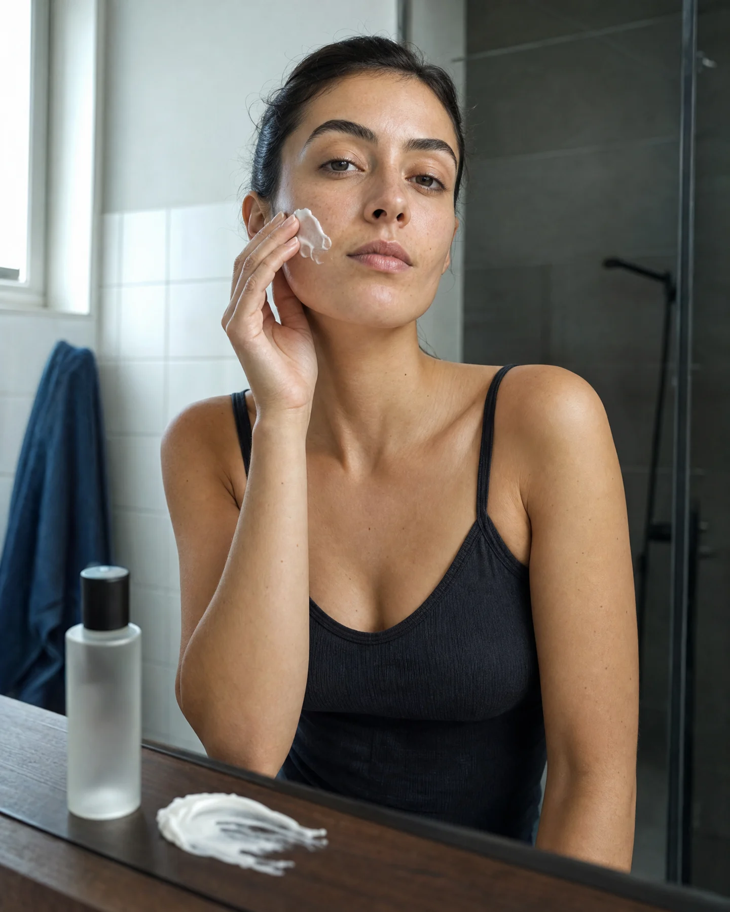 Adult skincare creator applying cream in natural bathroom light beside an unbranded bottle.